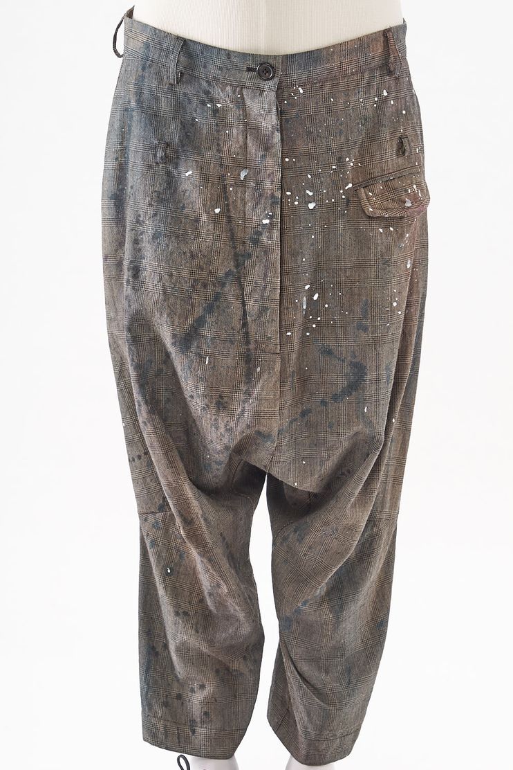 handbemalte karo-woll-hose mit leistentaschen und festem bund