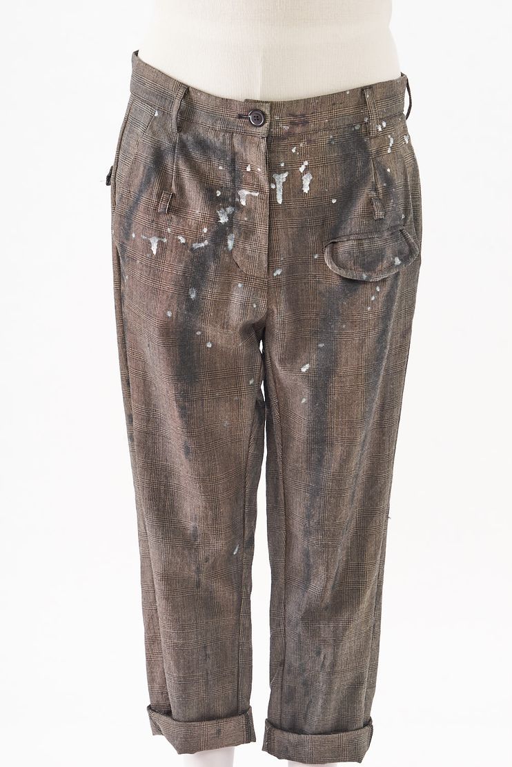 handbemalte karo-woll-hose mit leistentaschen und normalem schritt