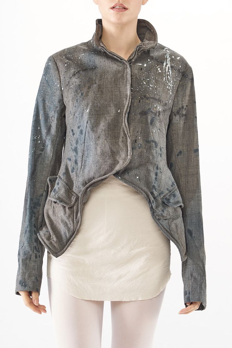 handbemalte und gefütterte karo-woll-jacke mit schmaler silhouette